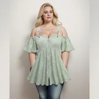 ROSEGAL Plus Size Flower Leaf Applique T-Shirts O-Ring Zipper Up Tops Light Green Women Casual Cold Shoulder Tees New