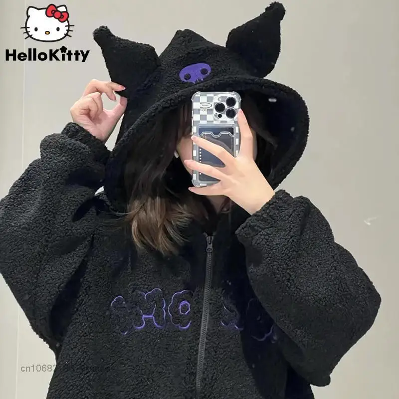 

Sanrioed Cartoon Kuromi Hoodies Y2K Women Black Embroidery Clothes Anime Kawaii Spring Winter Thickened Coat Tops Casual Loose