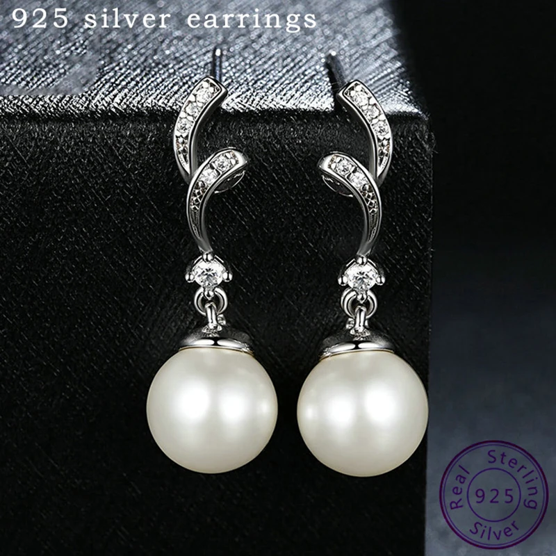 

100% 925 Sterling Silver Pearl Drop Earring for Women's Bohemia Vintage Pins Jewelry Catkins with Zircon Stones Wedding Earring