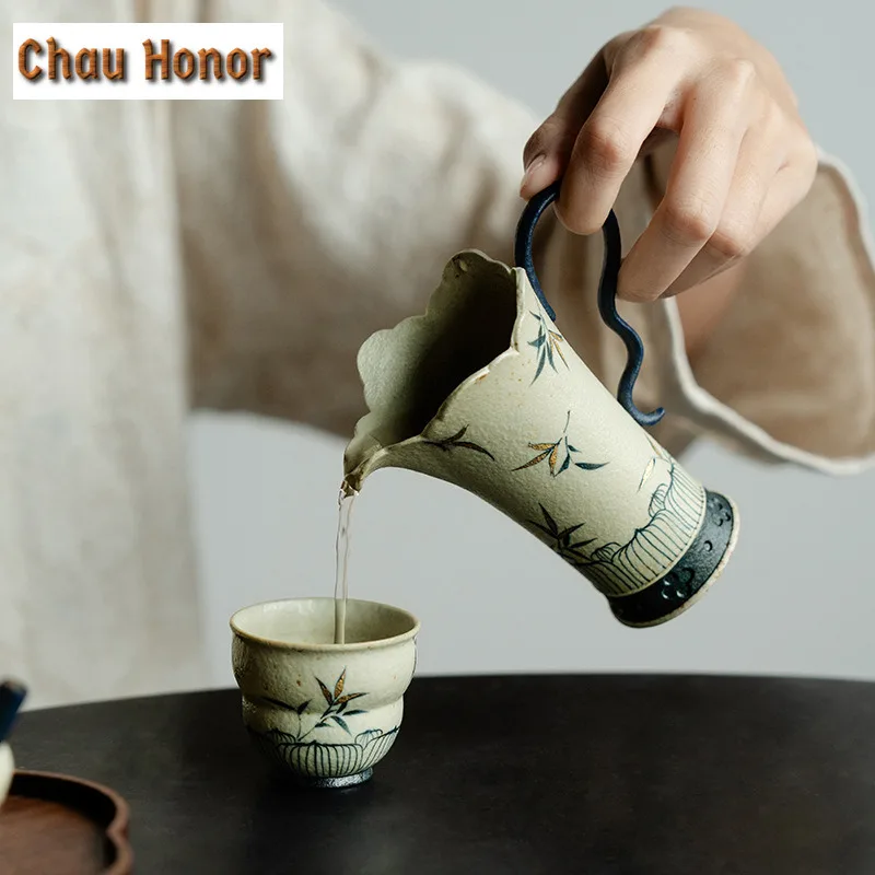 140ml Blue And White Flint Red Tea Pitcher Handmade Gold Drawing Bamboo Cha Hai Dispenser Mug Justice Cup Fair Mug Tea Services