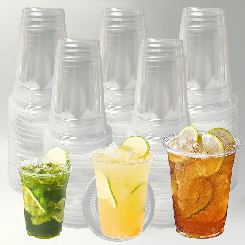 50PCS Disposable Transparent Plastic Cups Beverage Cups With Lids For Iced Coffee Smoothie Milkshake Birthday Party Supplies