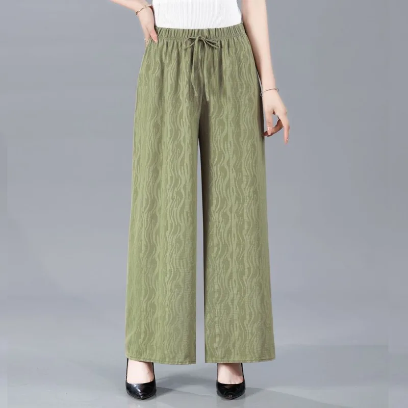 Simplicity Commuter Summer Thin Pants Women Solid Elastic Waist Drawstring Loose Casual High Waist Straight Wide Leg Trousers