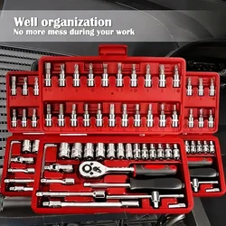 46 - Piece Comprehensive Auto Mechanic Repair Tool Set with Ratchet Wrench (Red)