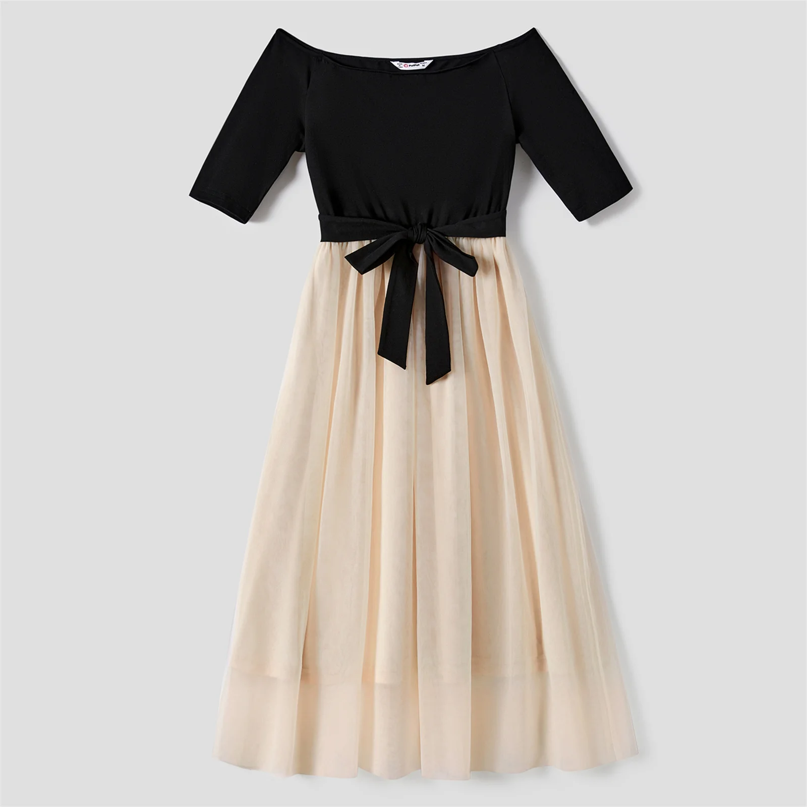 PatPat Family Matching Outfits Black-Almond Mesh Skirt Sets Classic Round Neck Long Sleeve Tops Sets