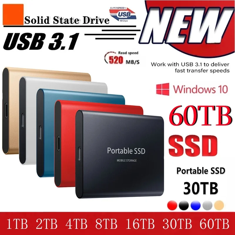 

External Hard Drive 2TB Portable SSD 1TB USB 3.1/Type-C Solid State Drive High-Speed Hard Disk Storage for Laptops/Desktop/Mac