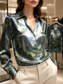 Dark Green Mountain Landscape Satin Blouse for Women Long Sleeve Button Down Shirt Nature Office Elegant Silky Fashion Top Style