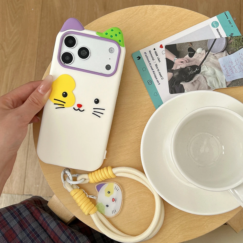 Kawaii 3D Cartoon Cat Soft Silicone Phone Case - Cute Shockproof Cover with Handstrap