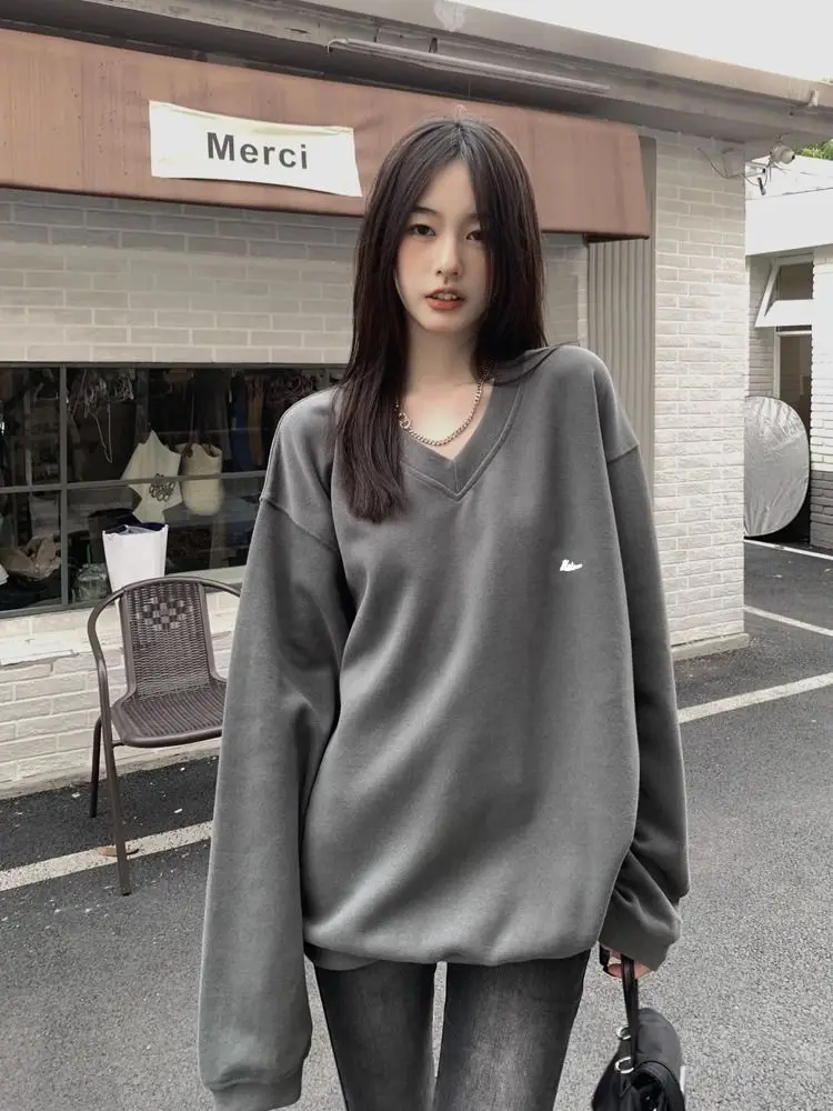 HOUZHOU Korean Hippie Chic Gray Sweatshirts Women Y2K Japanese Style Oversize Beige Hoodies Female Kpop Loose Long Sleeve Tops