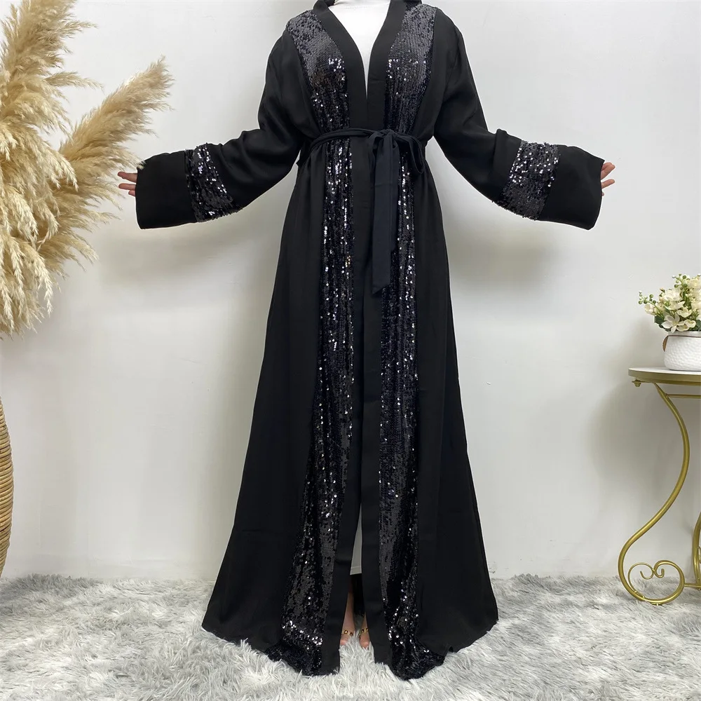 

Ramadan Muslim Islamic Women Sequins Abaya Black Kimono Dress Arab Long Robe Dubai Gown Tunic Cardigan Dress S-2XL
