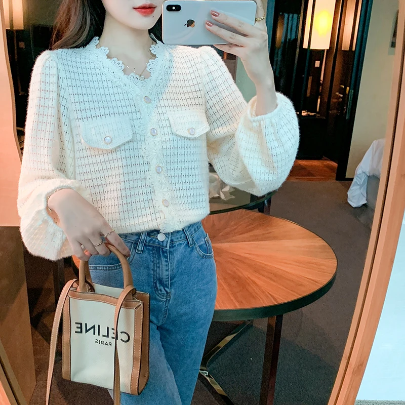 Frech Fashion Lady Blouse White Lace Long Sleeves Single Breast Fake Pockets Elegant Women V-neck Hollowed Lace Blouse office lady pockets fake zippers button ankle length pants pencil solid formal women s clothing high waist spring summer thin