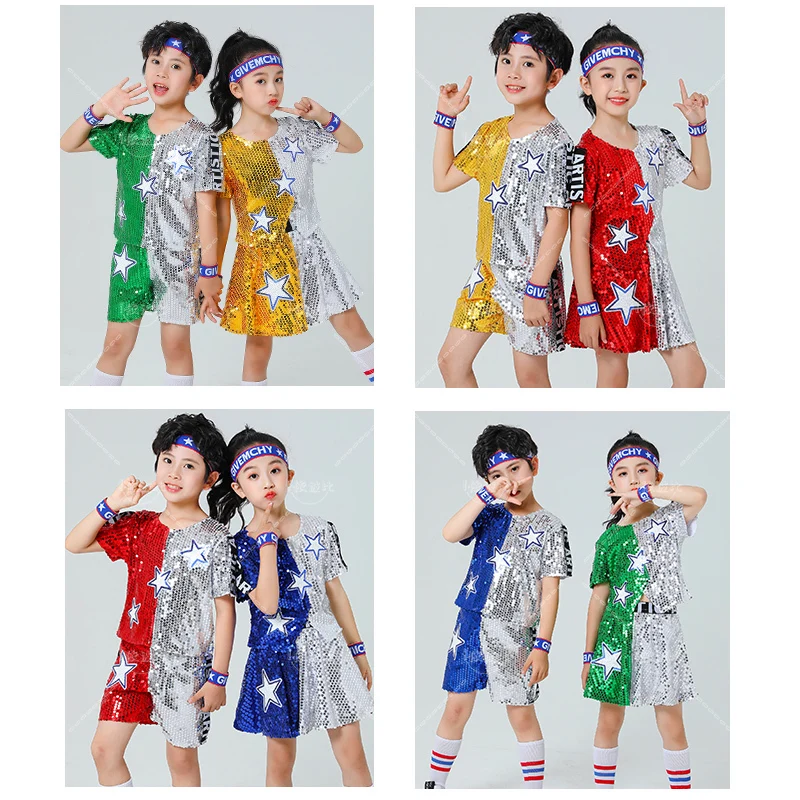 Children's Dance Sequin Costumes, Jazz Hip-hop School Activity Performance Costumes, Short Sleeved Tops and Skirts