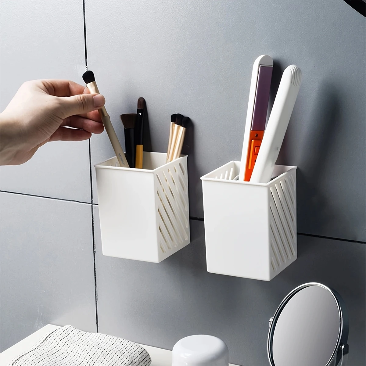 1pc-Simple Wall-mounted Pen Holder Student Desktop Stick-on Pencil Case Mini Makeup Brush Storage Case Storage Organizer
