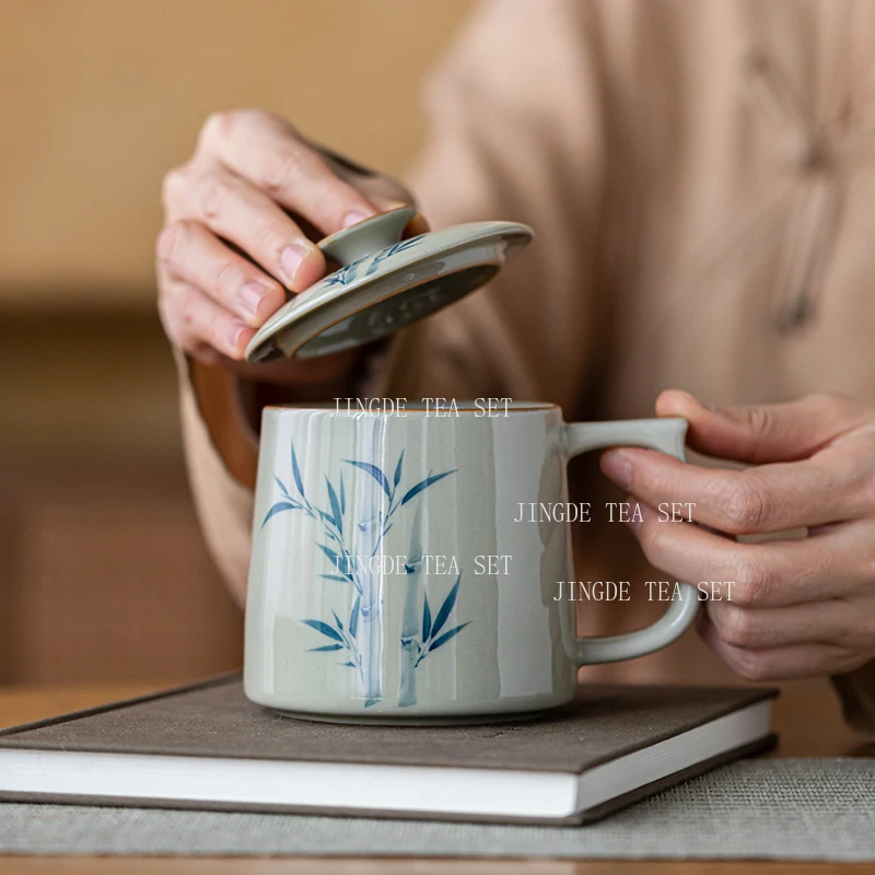 Ceramic Covered Teacup Office Tea Set Water Cup Hand Drawn Mug Grass and Ash Underglaze Colored Tea Cups Coffee Mug