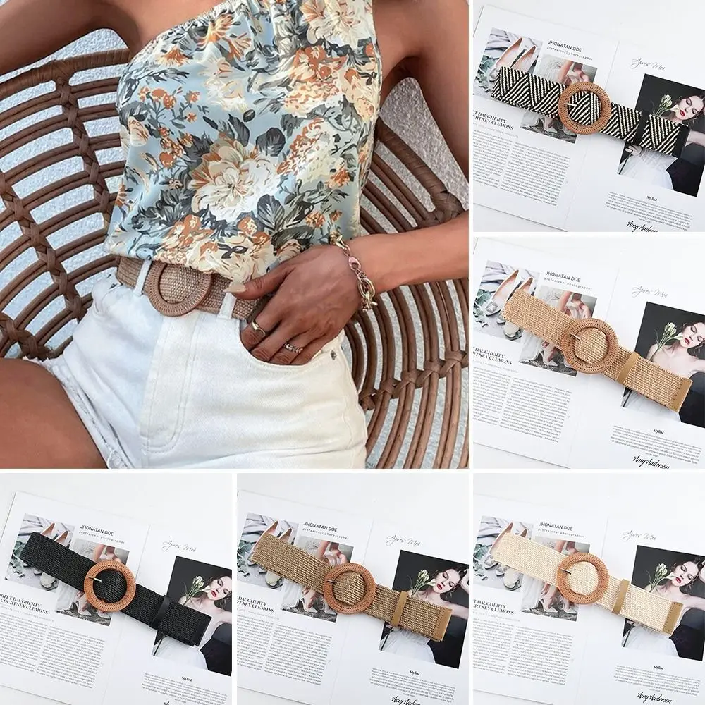 

Fashion Bohemian Women Elastic Wide Straw Belt Waist Belt Braided Waistbelt
