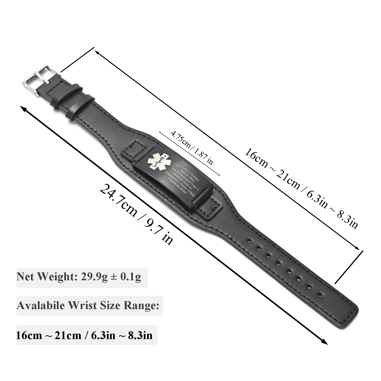 Custom Engraved Mens Bracelets Genuine Leather Medical Alert Bracelet Emergency DIABETES Allergy Adjustable Sport ID Wristband