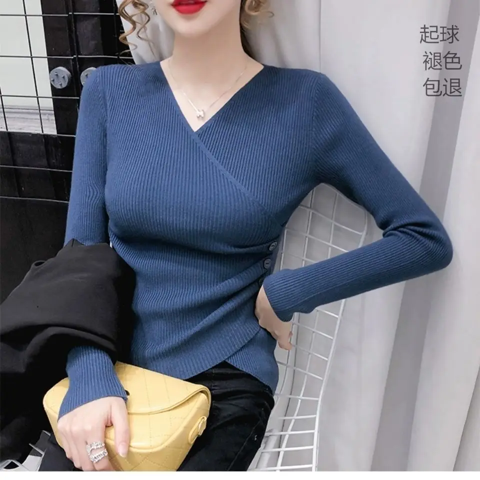 

Sweater V-Neck Pullovers Autumn Spring Sweaters New 2023 Fashion Korean Long Sleeves Knitted Tops Button Female Knitwear V23