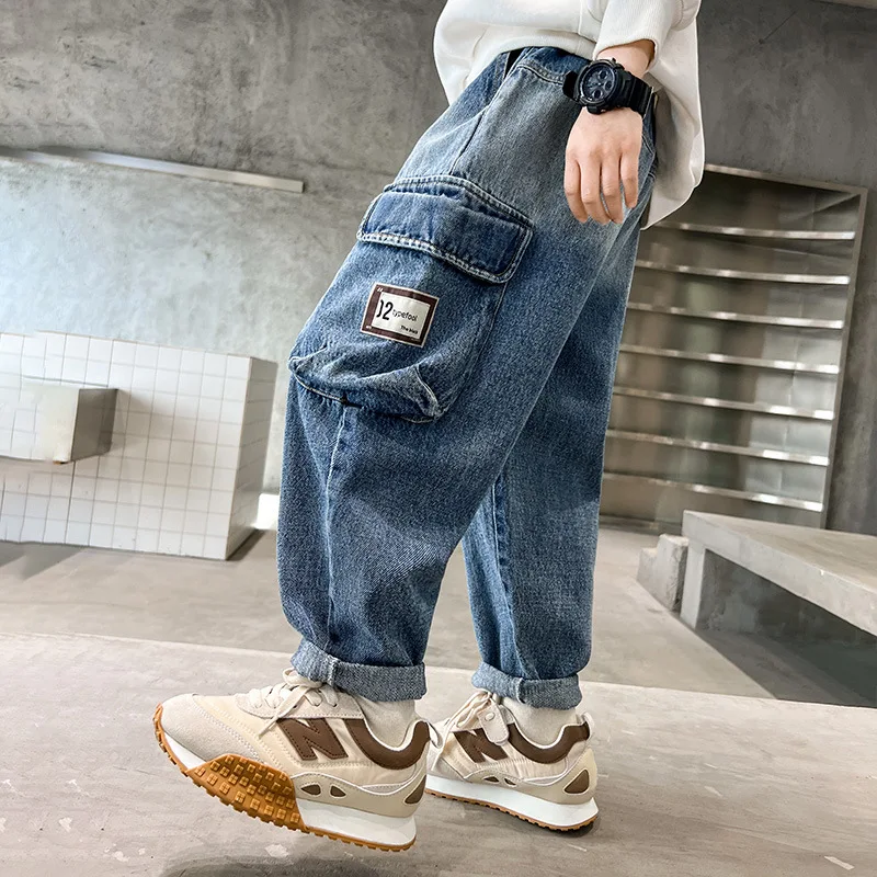 

New Streetwear Jeans for Boys Spring Fashion Side Pocket Design Denim Trousers Kid Clothes for Teens Elastic Waist Pant 4-14 Yrs