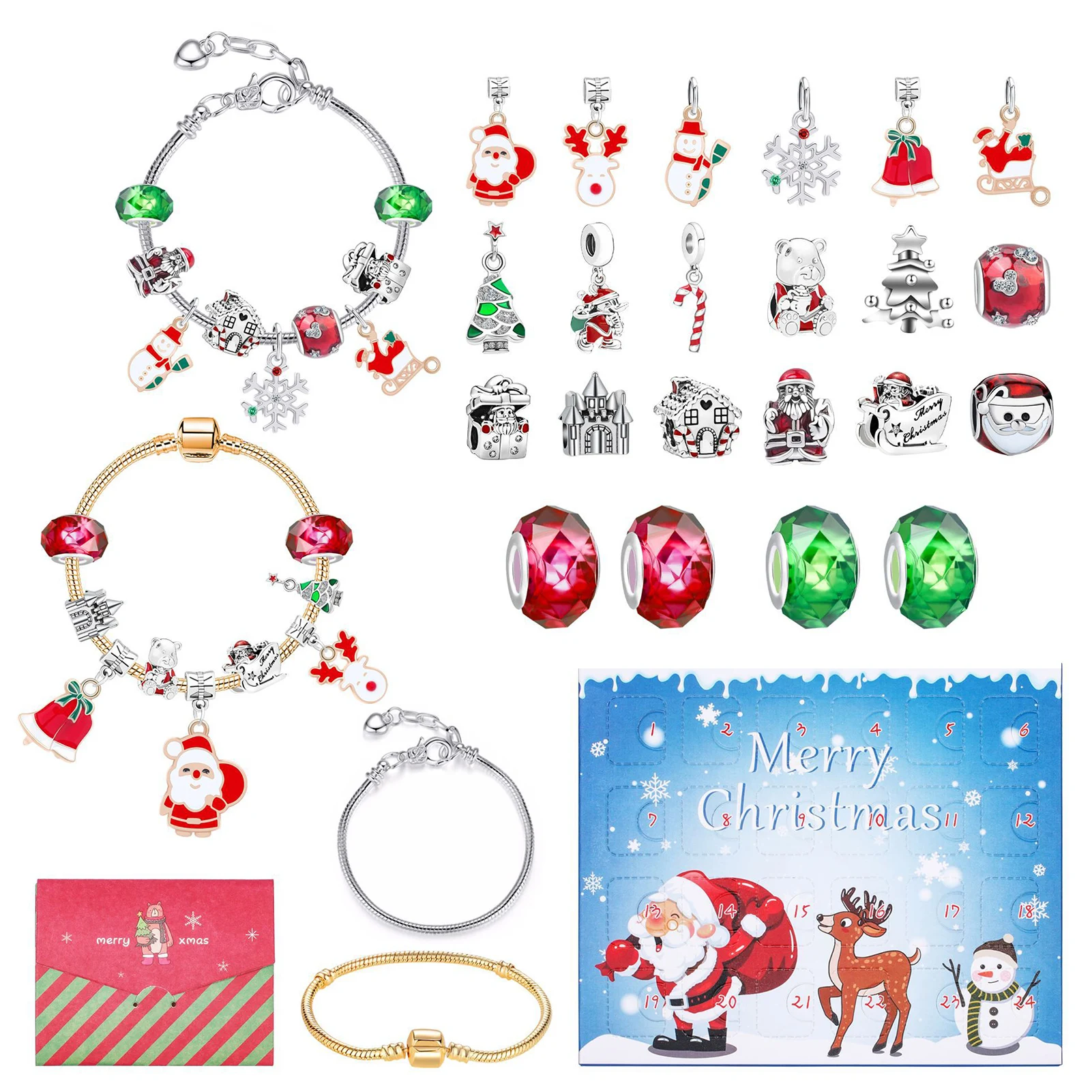 Christmas Countdown Advent Calendars Box Jewelry Advent Calendar With 2 Adjustable Bracelets 2 Necklaces, 22 Charm Beads