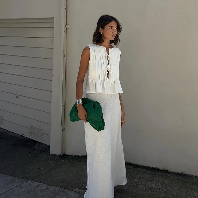 Elegant White Lace Up Tops For Women Pleated O-neck Sleeveless Ruffles Tank Summer New Chic Lady Party Vacation Vest