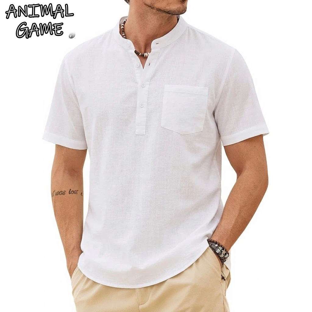 Summer Men's Casual Short Sleeve Shirt Solid Luxury Linen Shirt Trendy Breathable Loose Cotton Hawaiian Shirt Pocket Vintage Top 1