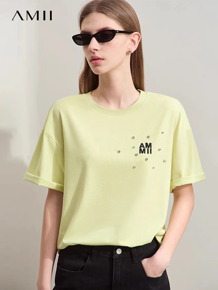 

Amii минимализм 2024 летние новые футболки с круглым вырезом для женщин с вышивкой Свободные Повседневные базовые Топы с открытыми плечами для женщин 12442149