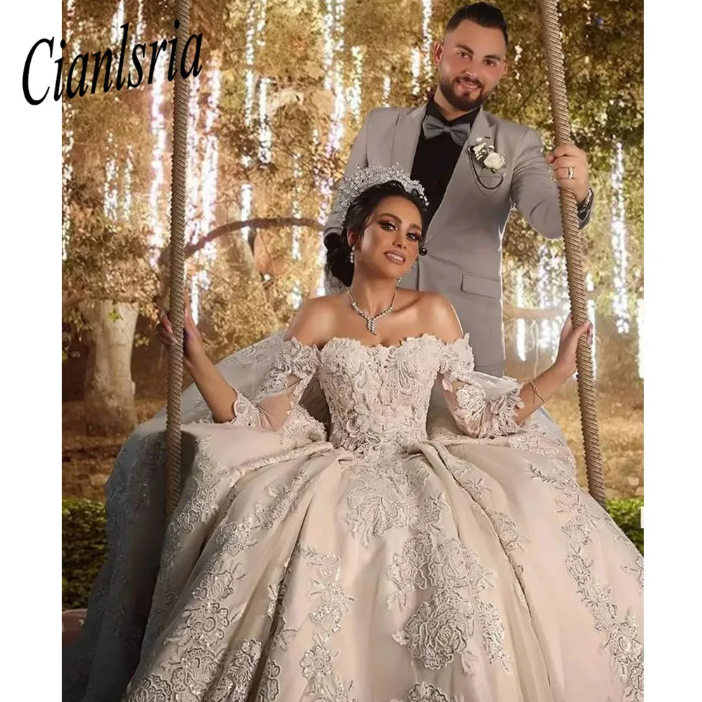 

Princess Floral Embroidery Dubai Wedding Dress Ball Gown Off The Shoulder Three Quarter Sleeve Sequined Saudi Arabic Bridal Gown