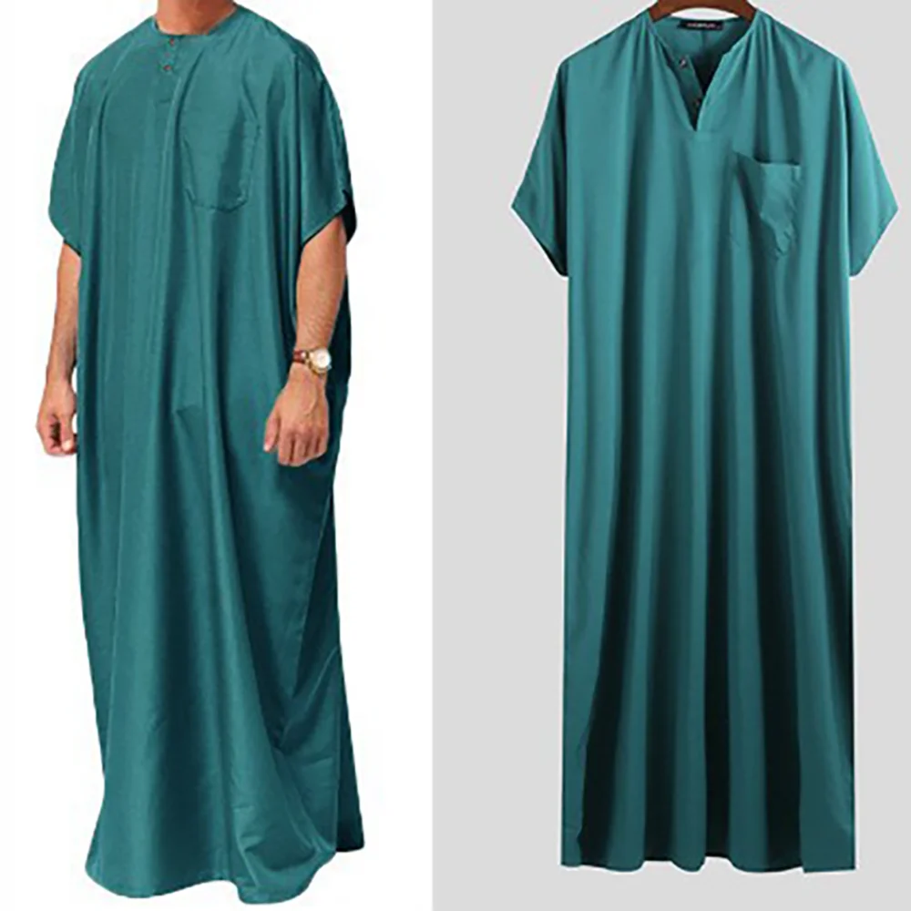 

Men Jubba Thobe Solid Color Short Sleeve Loose Robes Vintage Middle East Arab Islamic Kaftan Abaya Muslim Clothing S-5XL