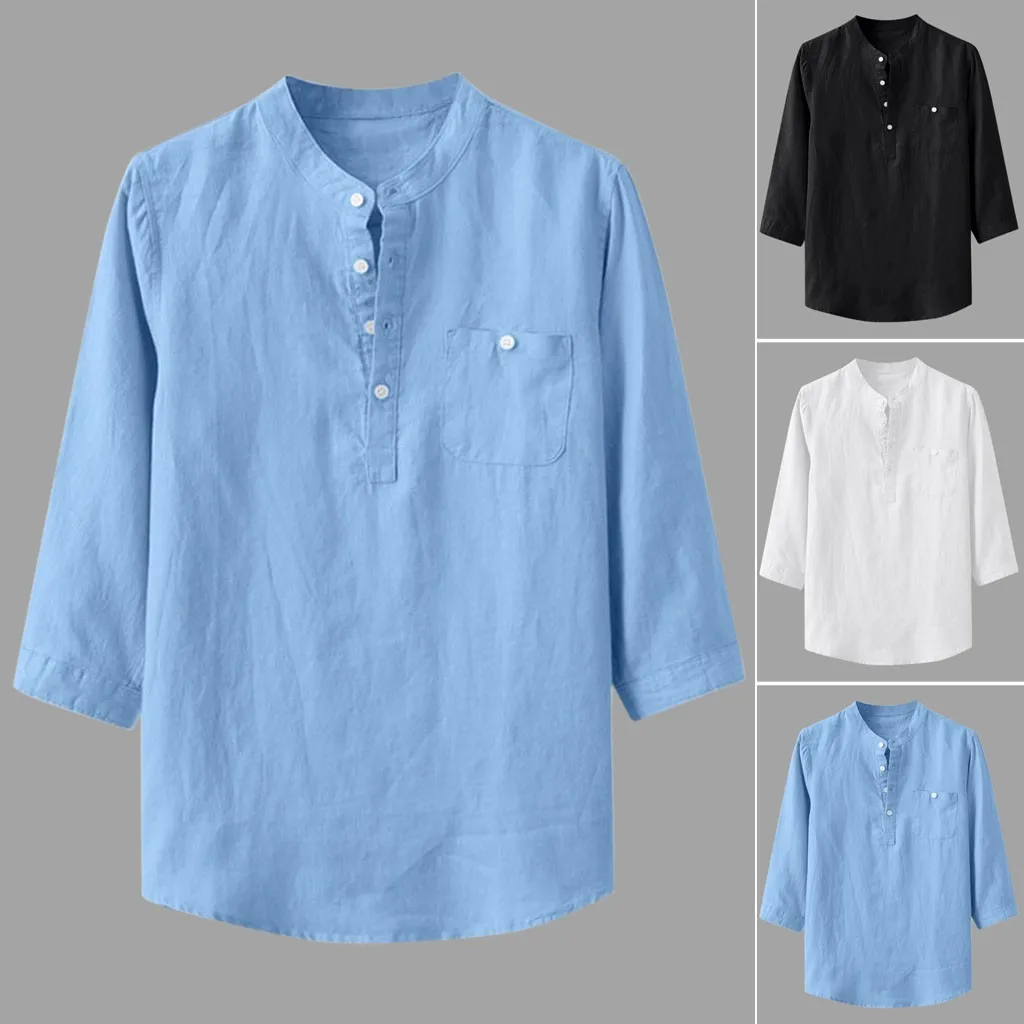 

Рубашка мужская с воротником-стойкой, модная удобная блузка из хлопка и льна, сорочка с рукавом три четверти, однотонная, свободного покроя, лето