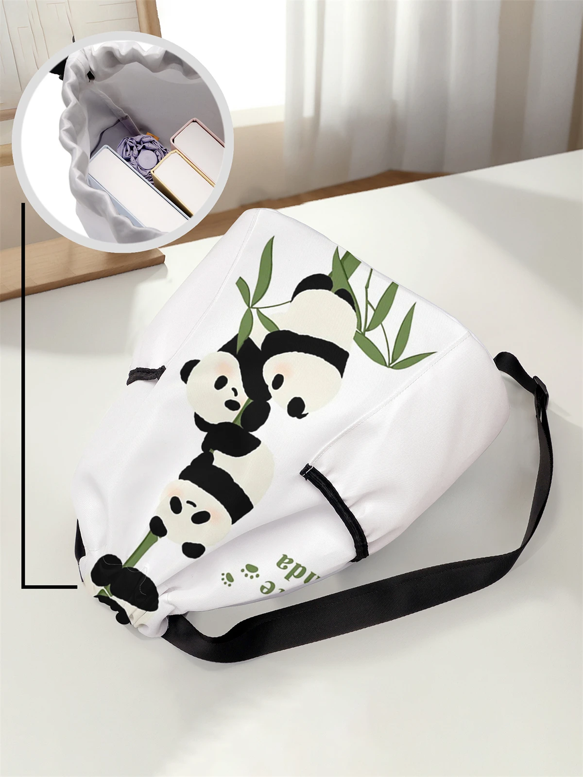 Panda Pattern Drawstring Backpack - Large Capacity Durable Fitness Bag, Adjustable Shoulder Strap, Sports Beach Backpack