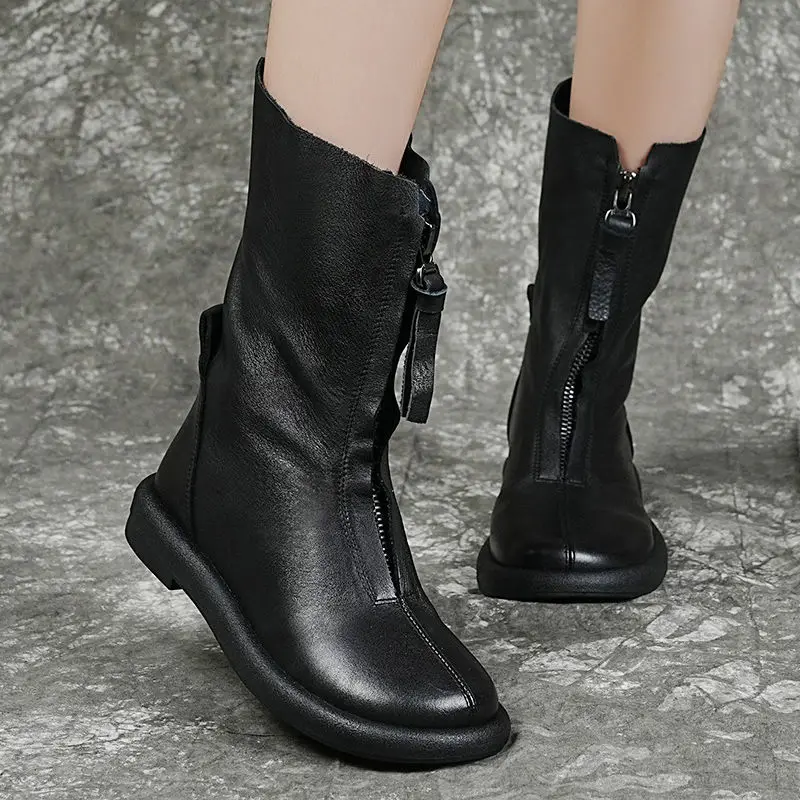 

Vintage Genuine Cow Leather Boots Single Women Mid-calf Boots Soft Sole Flat Round Toe Winter Autumn Shoes