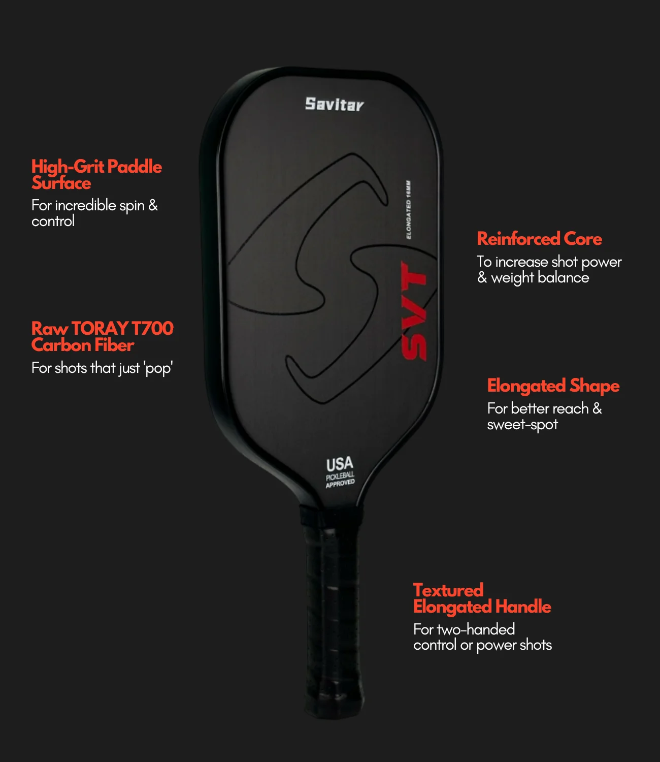 SAVITAR T700 Carbon Fiber Pickleball Paddle Elongated Shape Hi-grit Surface Polymer Honeycomb Core Enhanced Power&Spin&Control