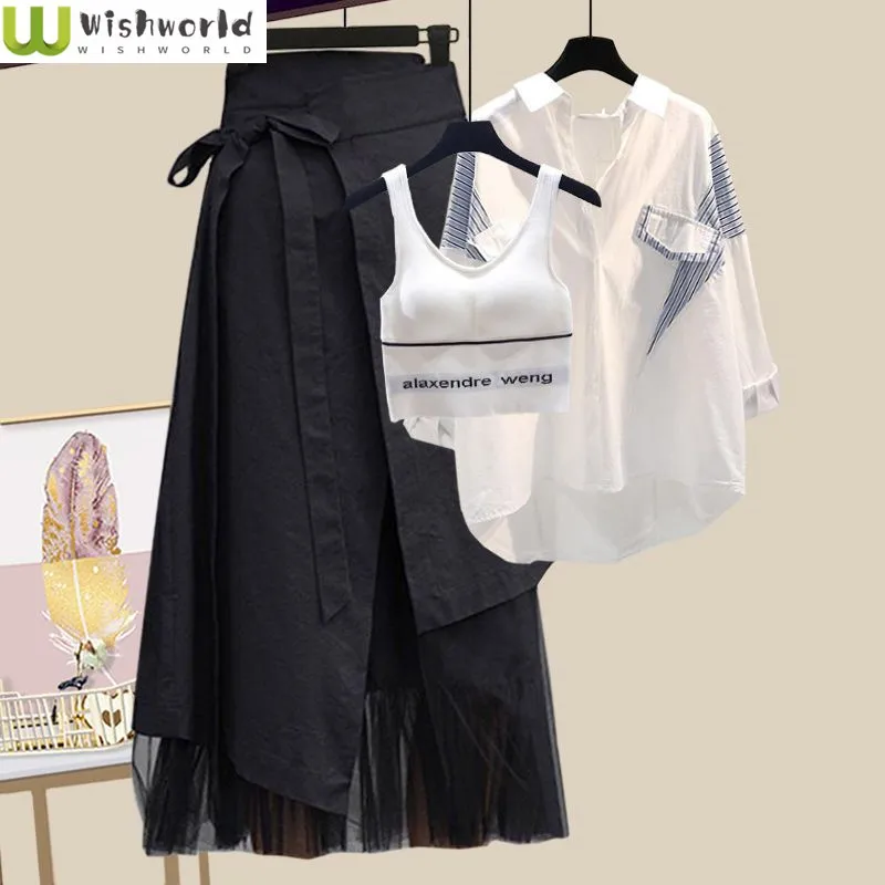 Spring/Summer Fashion Season Set Women's 2023 New Korean Version Casual Shirt Tank Top Slim Half Skirt Three Piece Set