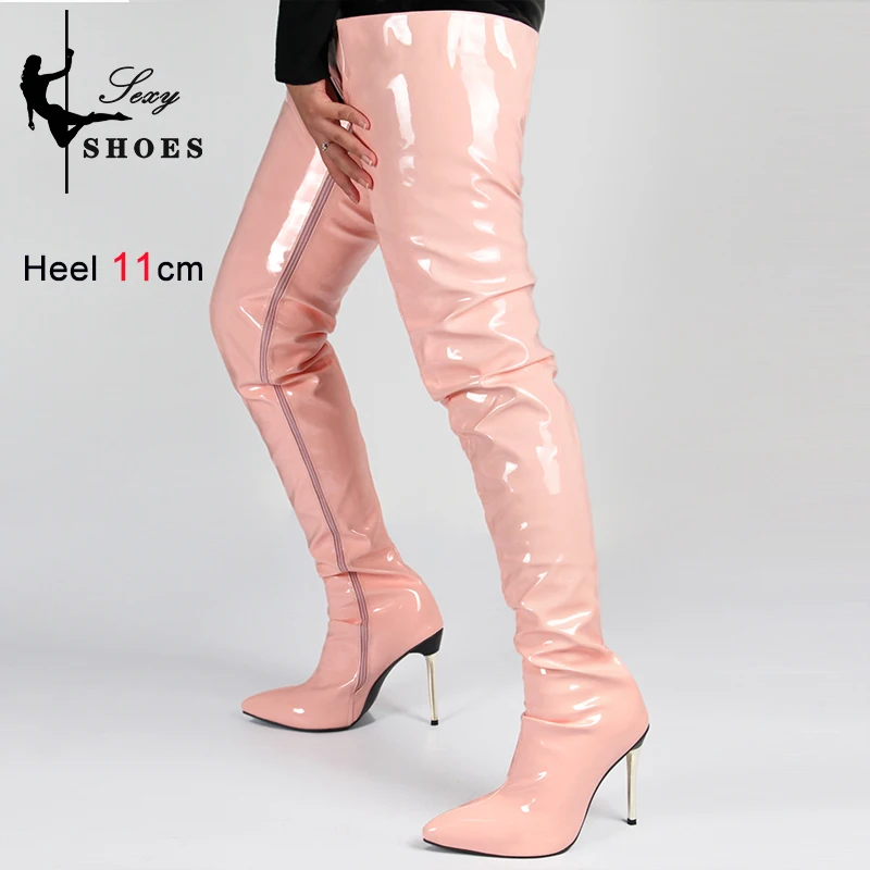 2025 Over-the-knee Shiny Women's Boots Patent Leather Thigh High Boots Girl Shoes Sexy Fetish Zipper Pointed toe 11cm High Heels