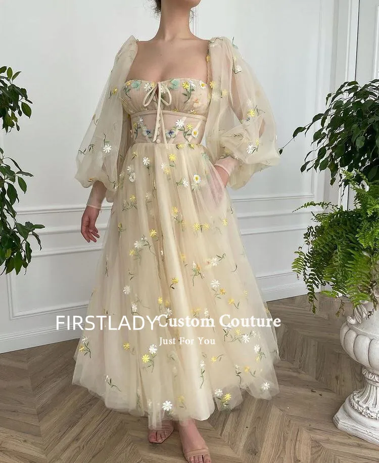 

Beige Square Neck Evening Dresses Long Puff Sleeves Embroidery Tulle Prom Gowns A-Line Ankle-Length Wedding Party Dress