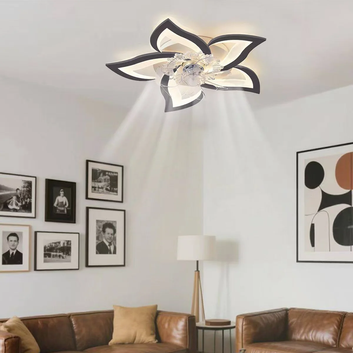 IRALAN 천장 선풍기(조명 포함) 현대적인 꽃 모양 플러시 마운트형 양방향 회전 선풍기(거실, 침실, 실내용)