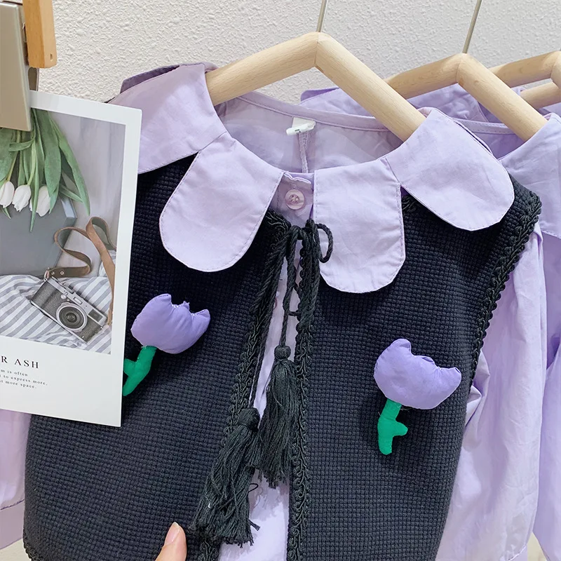 패션 소녀 봄 의류 세트 꽃 아플리케 레이스 업 가디건 보라색 꽃잎 칼라 티셔츠 높은 허리 구슬 주름 치마