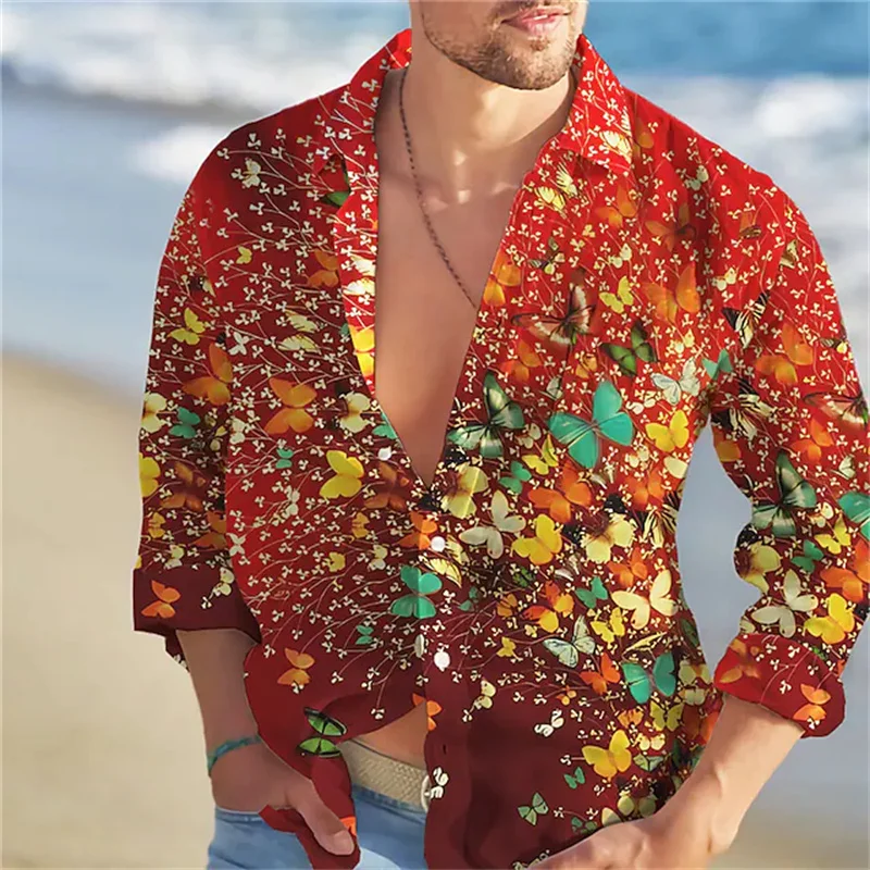 High-end shirts Hawaiian shirts Butterfly printed long