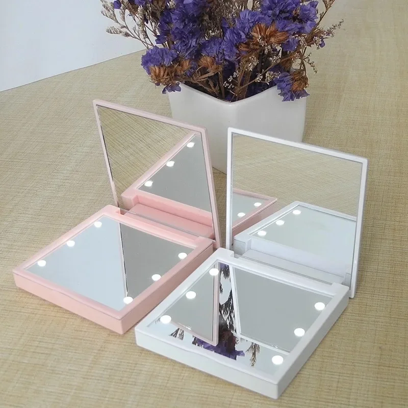 Makeup Mirror 6 Led Makeup Mirror With Light Magnifying Small Pocket Portable Travel Pink Black White Foldable Cosmetics Vanity Mirrors