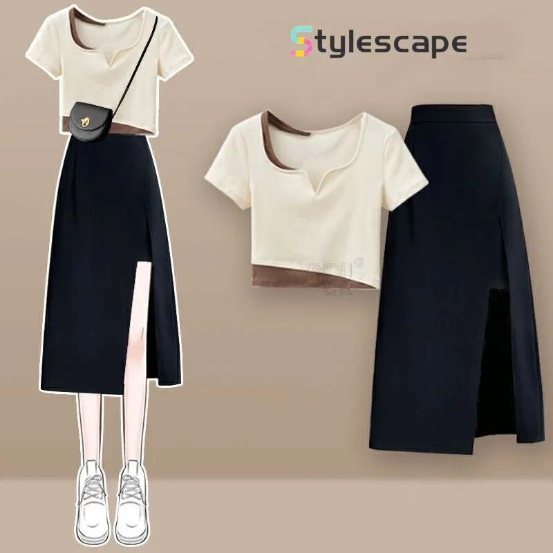 Summer New Short Sleeved Top Splicing Design Feels Slim and Tall, Black Split Half Skirt Women's Two Piece Set