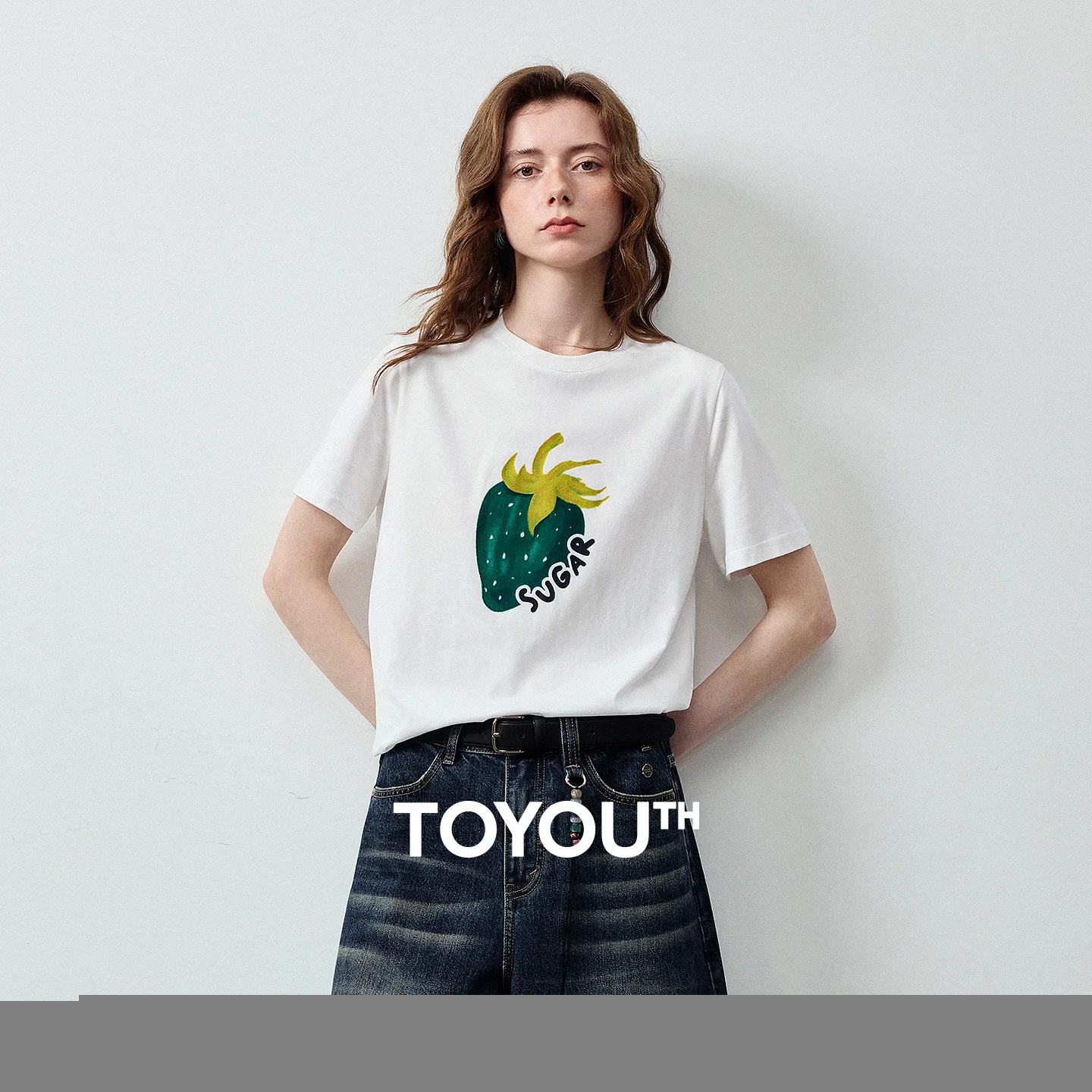 TOYOUTH Women 5A Antibacterial T-Shirt 2026 Summer New Crew Neck Slightly Loose Strawberry Print Casual Versatile Pullover Tops