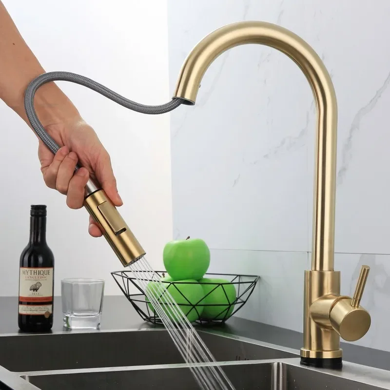 Gooseneck Pull-Out Faucet Single Hole Single Handle Brass Deck Mount Pull Out Brass Sprayer Rotation 360 For Kitchen