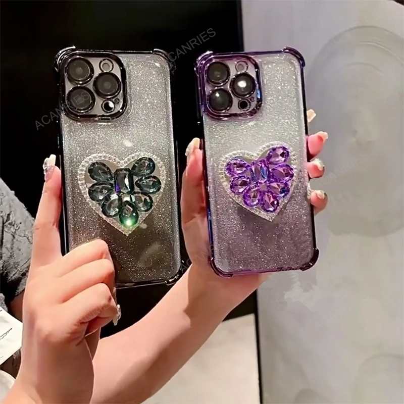 Diamond Heart Stand Four-Corner Anti-Shock Plating Phone Case