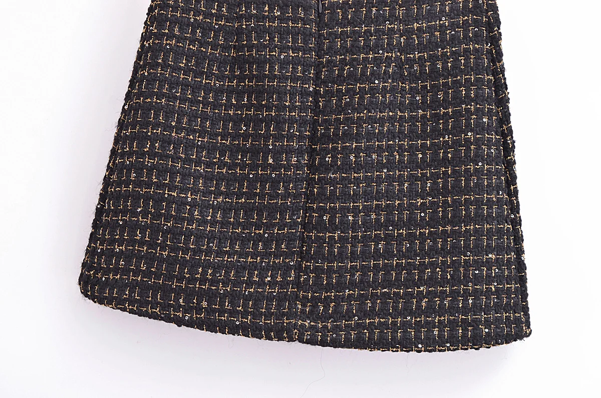 French Retro Women Black Weave Gold Line Tweed Blazer High Waist Center Buttons Back Zipper Mini Skirt Set Suits 2 pieces 1 set