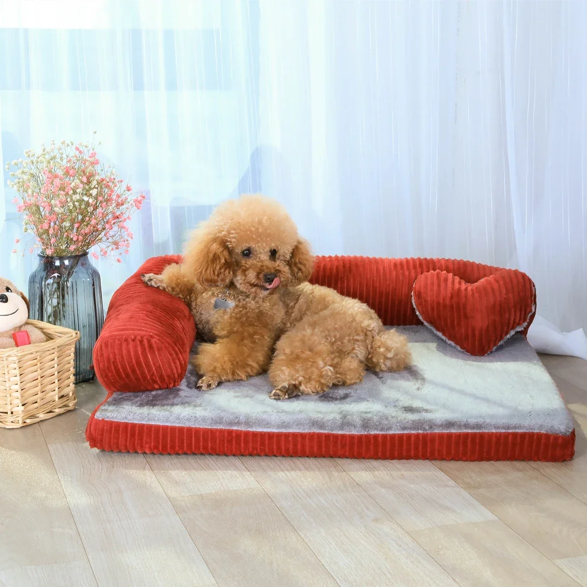L Shape Dog Bed Sofa with Heart Pillow Removable Cover Waterproof Soft Sleeping Cushion Big Cat Cushion Puppy Mat Pet Supplies