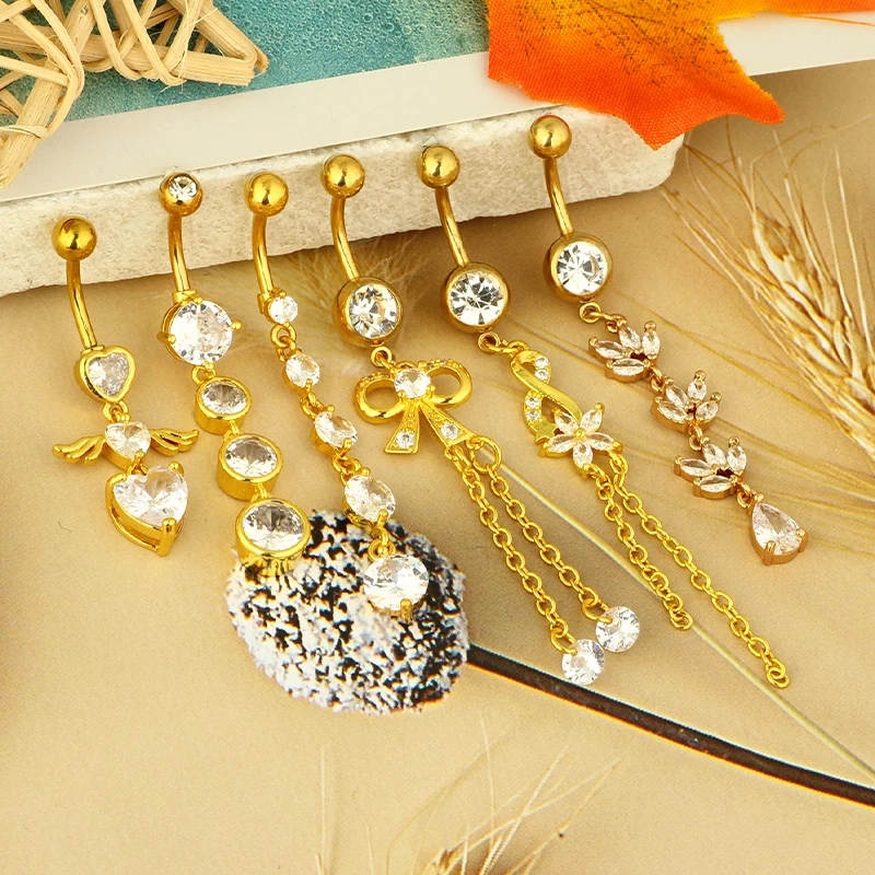 1pc Golden Belly Button Rings Pack Stainless Steel Long Dangling Navel Belly Piercing Jewelry For Women 14G Belly Bar Kit Stud