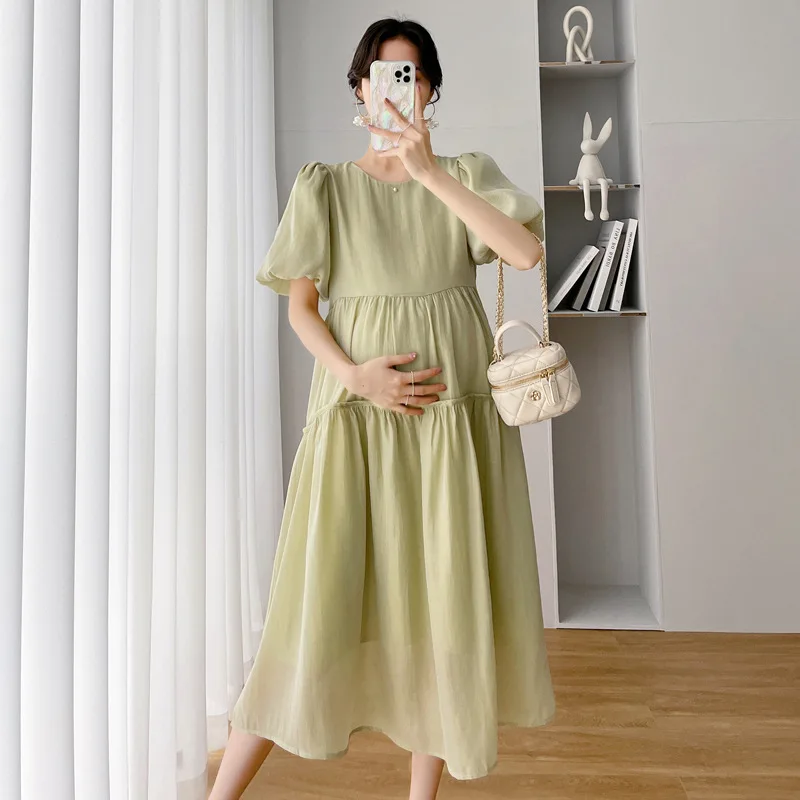 

Chiffon Maternity Dresses Summer Puff Sleeve Dress For Pregnant Women Casual Solid O-neck Elegant Pregnancy Dress Vestidos