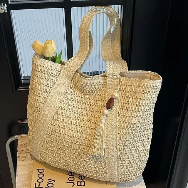 Straw Woven Shoulder Bags for Women Summer Beach Handbag with Tassel Female Fashion Handbag in Khaki Beige 2