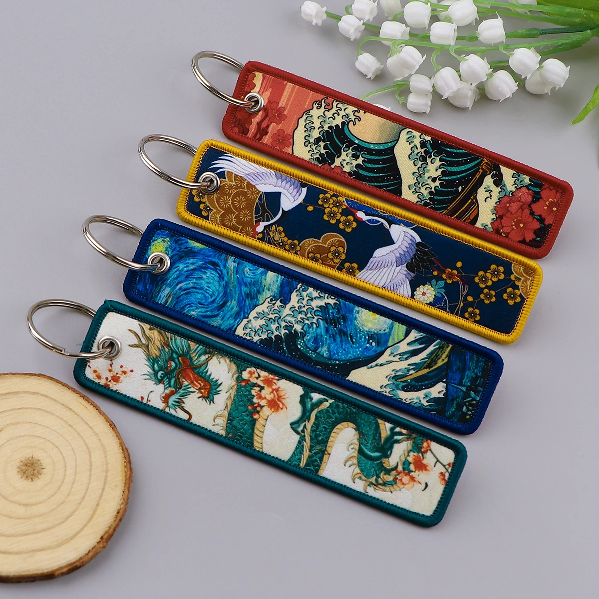 Van Gogh Embroidery Key Fobs Japanese Waves Key Tags Keychain For Motorcycles Cars Ring Accessories Jewelry Chaveiro Gifts