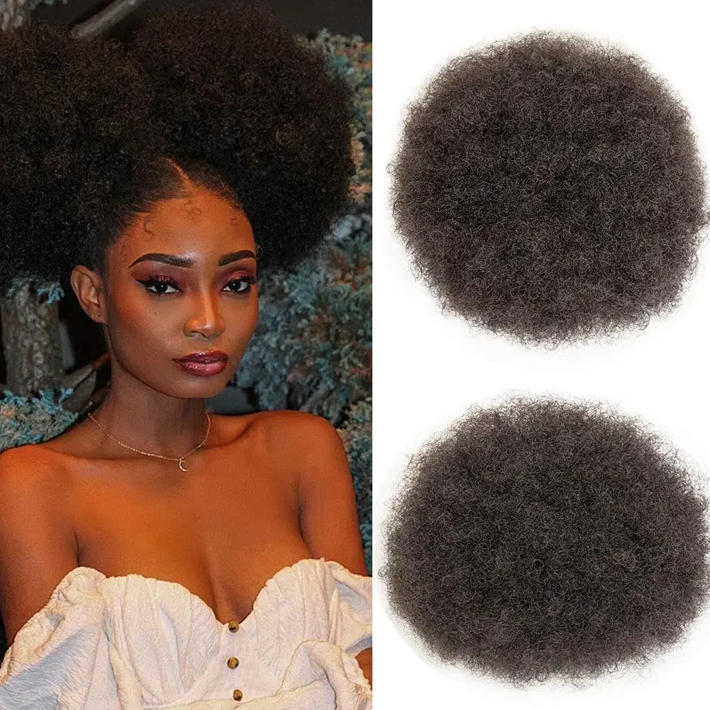 8 inch Afro Puff Human hair Ponytail Kinky Curly High Bun HairPiece African American Clip In On Updo Extensions for Black Women