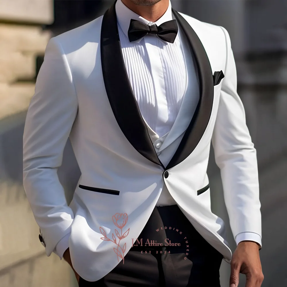Men's white 3-piece suit jacket vest pants black satin shawl lapel blazer tuxedo for wedding birthday dance Xmas party